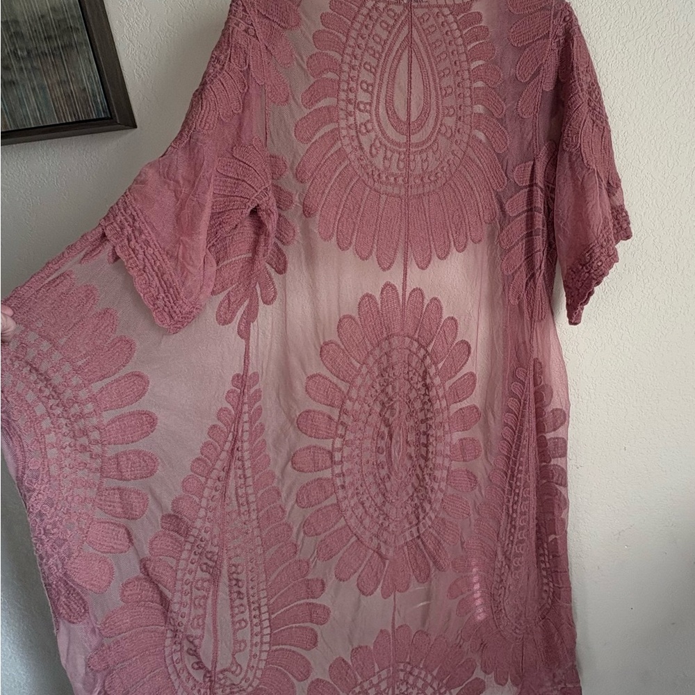 Rebellion Sheer Lace Duster/Kimono, Long Cardigan, Dark Rose Color, Sz. Small - Picture 2 of 12